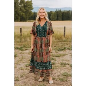 Roolee Boho Patchwork Midi‎ Dress Teal Olive Rust Flutter Sleeve Women's XXL